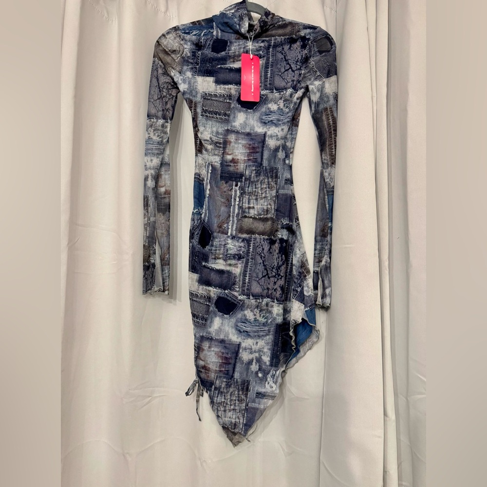 Denim Print Mock Neck Mini Dress